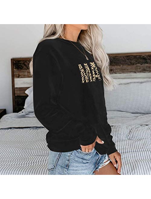 Mama Sweatshirt Women Leopard Print Embroidery Mom Life Pullover Top Casual Long Sleeve Blouse Tee