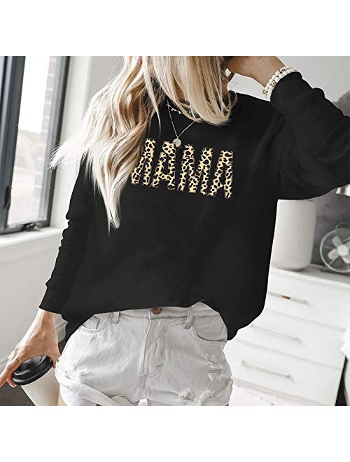 Mama Sweatshirt Women Leopard Print Embroidery Mom Life Pullover Top Casual Long Sleeve Blouse Tee