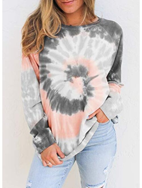 Actloe Women Tie Dye Sweatshirt Casual Top Long Sleeve Ombre Printed Shirts Color Block Pullovers