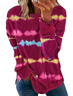 Biucly Womens Casual Crewneck Tie Dye Sweatshirt Striped Printed Loose Soft Long Sleeve Pullover Tops Shirts