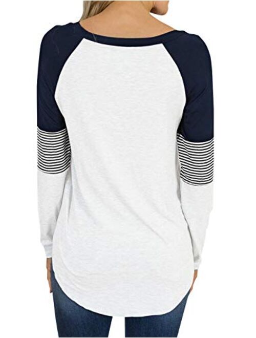 Hilltichu Womens Color Block Round Neck Tunic Tops Casual Long Sleeve Shirt Blouse