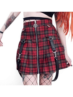 Women's High Waisted A-line Gothic Skirt Short Flare Mini Black Red Plaid Pleated Skirt