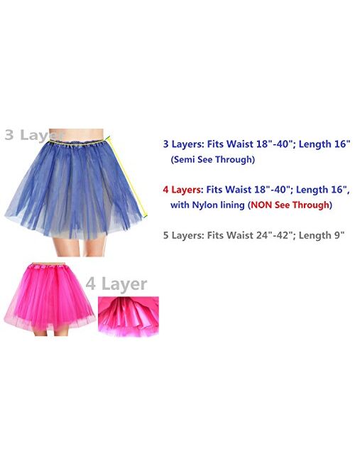 Women's, Teen, Adult Classic Elastic 3, 4, 5 Layered Tulle Tutu Skirt