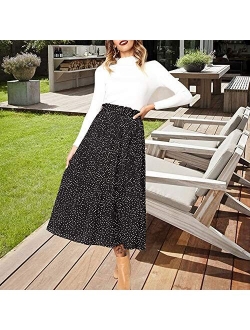 Exlura Womens High Waist Polka Dot Pleated Skirt Midi Maxi Swing Skirt with Pockets