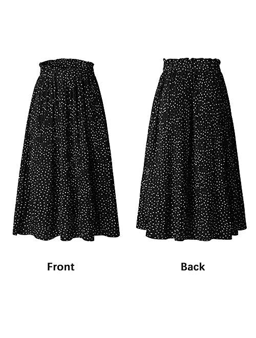 Exlura Womens High Waist Polka Dot Pleated Skirt Midi Maxi Swing Skirt with Pockets