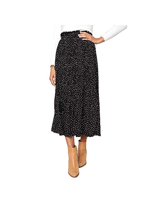 Exlura Womens High Waist Polka Dot Pleated Skirt Midi Maxi Swing Skirt with Pockets