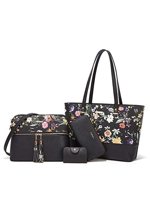 Lovematch Women Fashion Synthetic Leather Handbags Tote Bag Shoulder Bag Top Handle Satchel Purse Set 4pcs