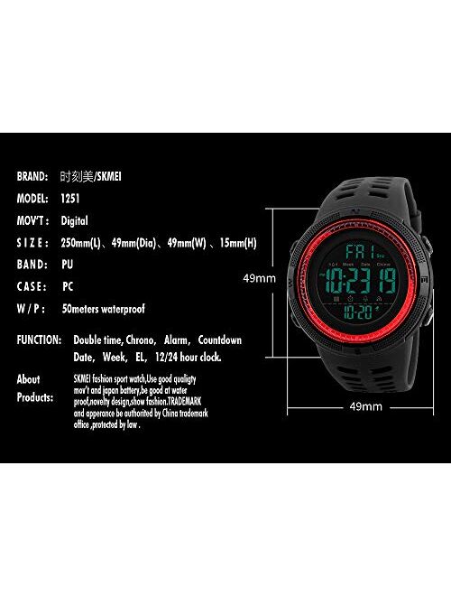 Tonnier Watch Mens Outdoor Sports Watches Multifunction Digital LED Military Dual Time Back Light Stopwatch Waterproof Wristwatches for Man with PU Band