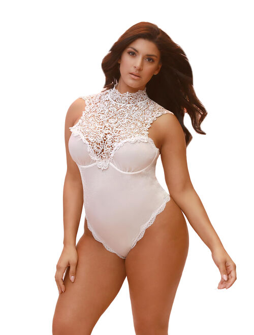 Womens Plus Size High Neck Collared Lace Trimmed Soft Bridal Teddy Bodysuit Romper Lingerie