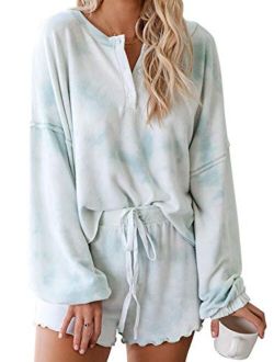 Womens Tie Dye Printed Ruffle Short Lounge Set Long Sleeve Tops and Shorts 2 Piece Pajamas Set Sleepwear