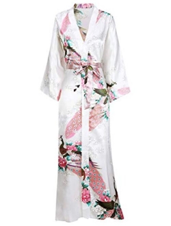 BABEYOND Women's Kimono Robe Long Robes with Peacock and Blossoms Printed Kimono Nightgown
