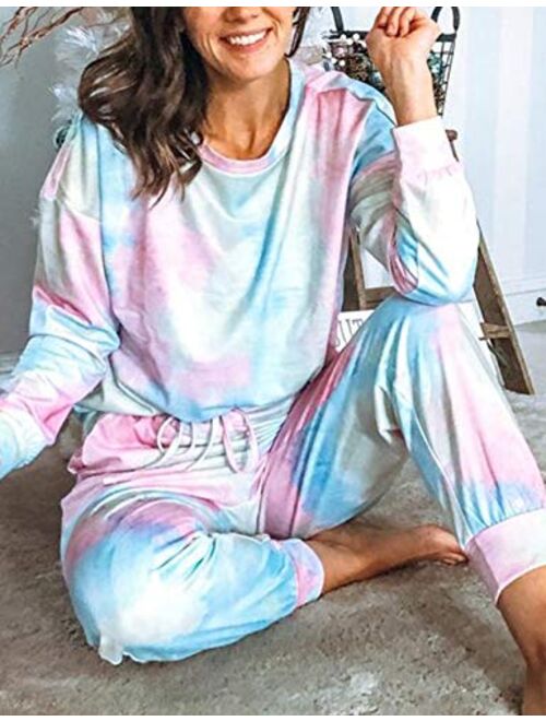 Saslax Womens Tie Dye Loungewear Sets Long Sleeve Tops Pajamas Sets Sleepwear Night Shirt