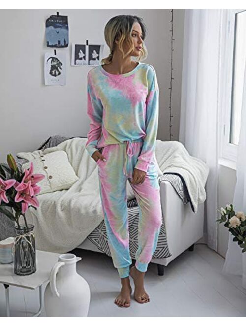 Saslax Womens Tie Dye Loungewear Sets Long Sleeve Tops Pajamas Sets Sleepwear Night Shirt