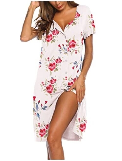 Women's Nightshirt Short Sleeve Button Down Nightgown V-Neck Sleepwear Pajama Dress