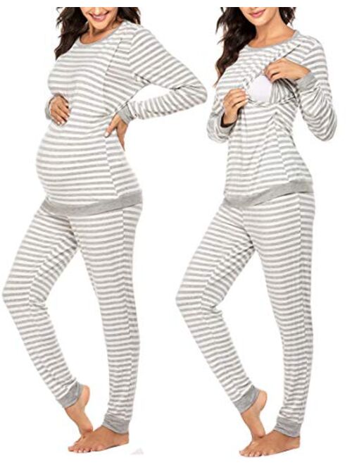 Ekouaer Maternity & Nursing Thermal Underwear Set Striped Knit Long Johns Set Top & Bottom Base Layer for Pregnant Women 