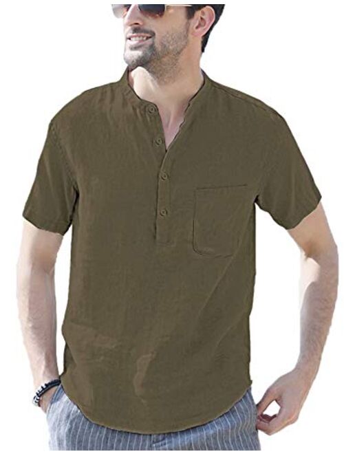 LecGee Mens Cotton Linen Henley Shirt Casual Long Sleeve Hippie T Shirt Beach Yoga Tops