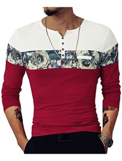 LOGEEYAR Men's Casual Slim Fit Short/Long Sleeve Shirts Fashion Color Block Printing Henley T-Shirts