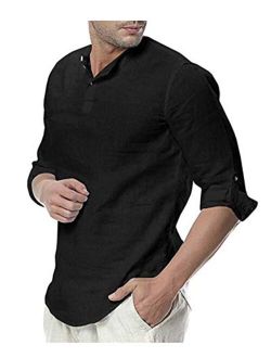 THWEI Mens Linen Henley Shirt Loose Fit Roll Up Long Sleeve Casual Solid T-Shirt