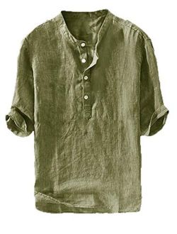 Mens Henley 3/4 Sleeve T-Shirts Cotton Linen Casual Loose Fit Summer Clothes Lightweight Beach Yoga Tops