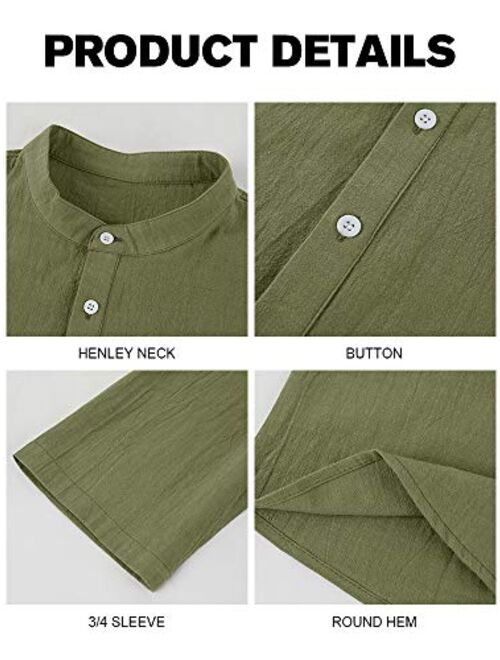 Mens Henley 3/4 Sleeve T-Shirts Cotton Linen Casual Loose Fit Summer Clothes Lightweight Beach Yoga Tops
