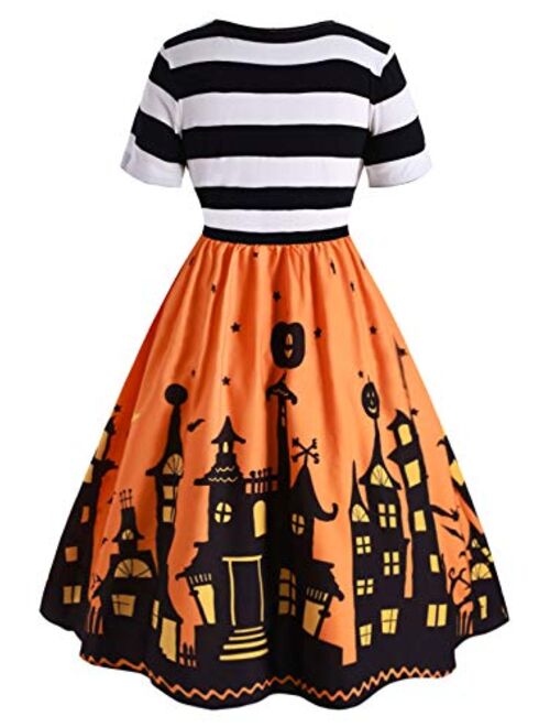 ROSE GAL Women's Plus Size Halloween Dress Funny Striped Pumpkin Halloween Costume Flared Dresses