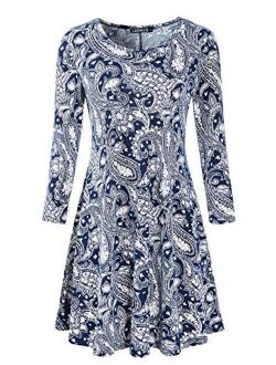 Luckco Women's Scoop Neck 3/4 Sleeve Floral Flare Casual Swing T-Shirt Dress