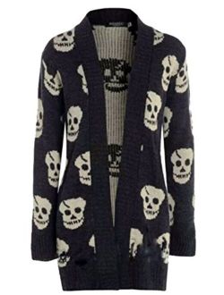 Thever Women Ladies Halloween Skull Skeleton Print Open Front Knitted Cardigan