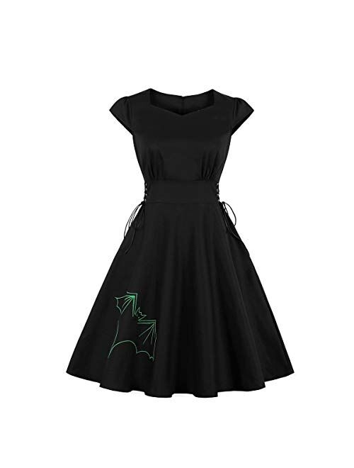 Wellwits Women's Embroidery Lace up Gothic Black Halloween Vintage Dress
