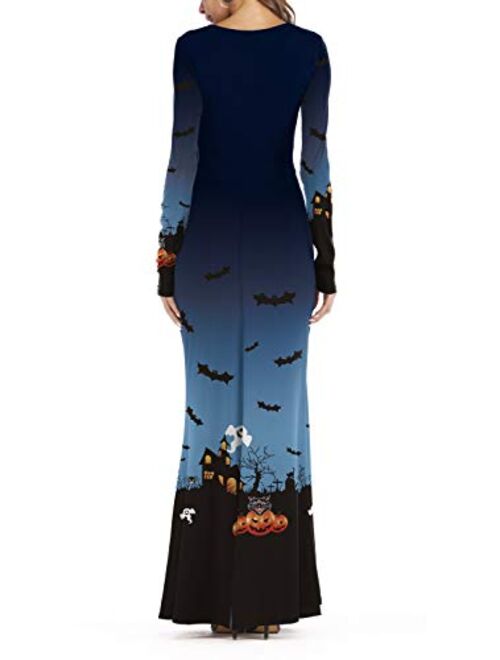 Spadehill Halloween Womens Funny Pumpkin Long Sleeve Maxi Dresses