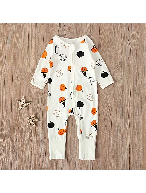 Baby Boys Girls Halloween One-Piece Long Sleeve Jumpsuit Dress Pumpkin Ghost Printed Pajama Outfits