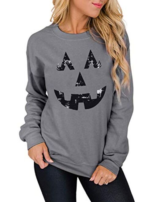 Halloween Pumpkin Sweatshirt Women Long Sleeve T-Shirt Lantern Face Blouse Pullover Funny Pumpkin Skeleton Sweatshirt