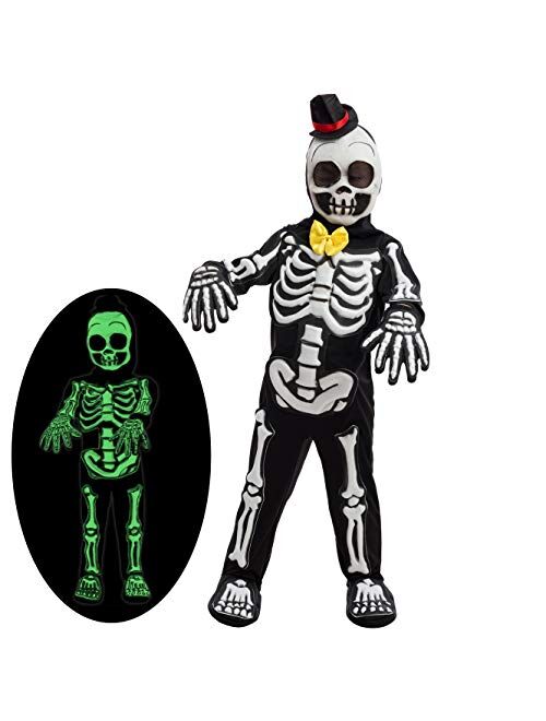 Spooky Skelebones Deluxe Skeleton Kids Toddler Costume Set with Glow in The Dark Effect on Skull for Halloween Dress Up Party