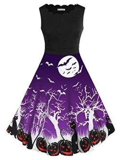Rose GAL Women's Plus Size Vintage Halloween Bat Pumpkin Print A Line Dress
