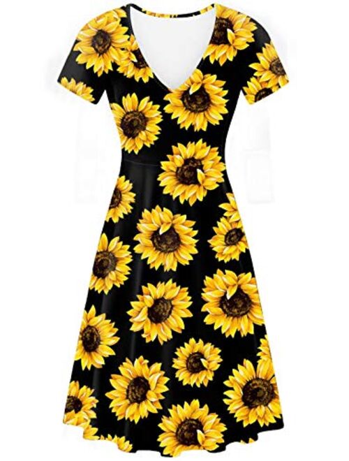 Aulaygo Women's Floral Print Short Sleeve Round Neck Midi Vintage Dress for Summer