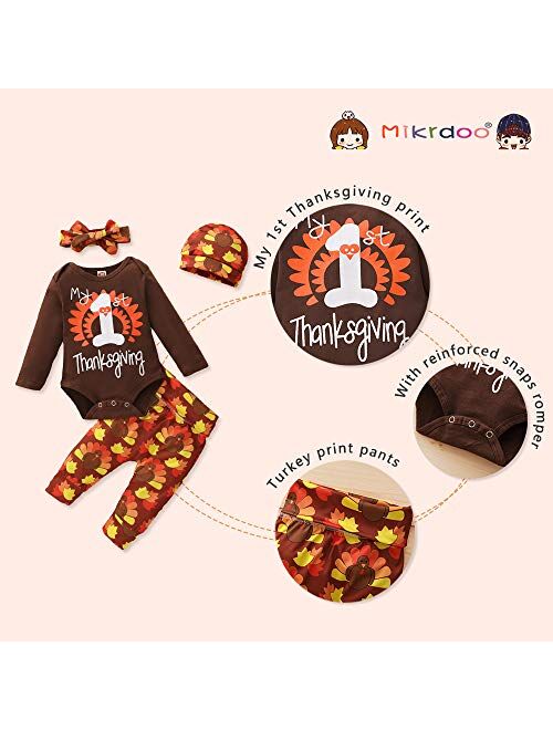 Mikrdoo 4Pcs Set My First Thanksgiving Outfit Toddler Baby Long Sleeve Romper Tops+ Pants + Hat + Headband Clothes Set