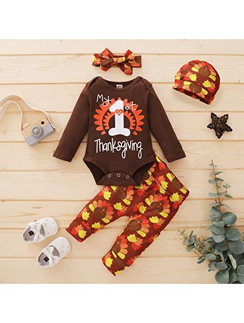 Mikrdoo 4Pcs Set My First Thanksgiving Outfit Toddler Baby Long Sleeve Romper Tops+ Pants + Hat + Headband Clothes Set