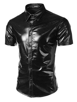 JOGAL Men's Dress Shirts Nightclub Metallic Silver Short Sleeve Button Down Shirts
