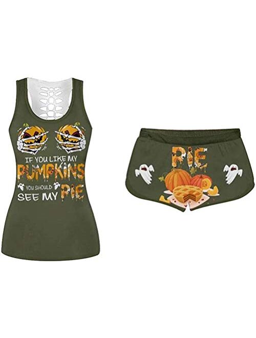 Women 2 Piece Halloween Costumes If You Like My Pumpkins You Should See My Pie Tank Top + Funny Shorts Sportwear Tracksuits