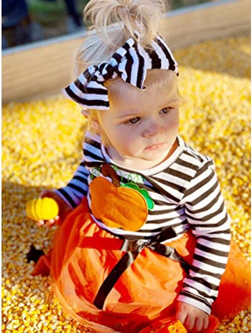 Toddler Baby Halloween Outfits Kids Girls Pumpkin Print Long Sleeve Dress Striped Skirts Halloween Dress