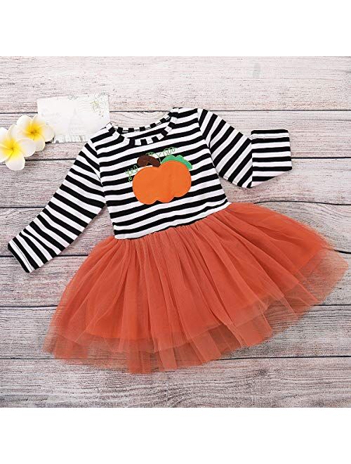 Toddler Baby Halloween Outfits Kids Girls Pumpkin Print Long Sleeve Dress Striped Skirts Halloween Dress