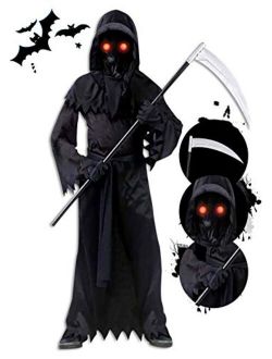 Grim Reaper Halloween Costume for Kids, Scream Costume with Glowing Up Eyes for Boys & Girls