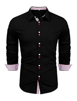 LecGee Men's Casual Cotton Dress Shirt Long Sleeve Plaid Collar Slim Fit Button Down Shirts
