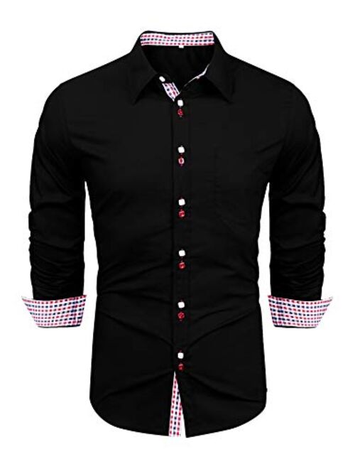 LecGee Men's Casual Cotton Dress Shirt Long Sleeve Plaid Collar Slim Fit Button Down Shirts
