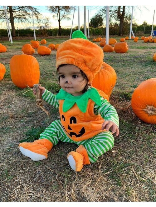 Meihuida 3PCS Newborn Baby Girl Boy Halloween Pumpkin Costume Romper Dress Shoes Hat Outfits Age For 0-3 Years