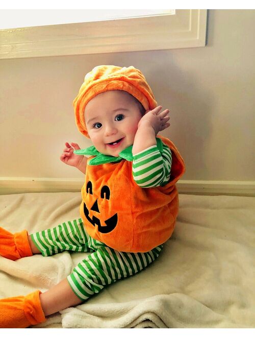 Meihuida 3PCS Newborn Baby Girl Boy Halloween Pumpkin Costume Romper Dress Shoes Hat Outfits Age For 0-3 Years