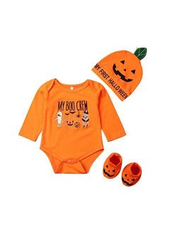 Newborn Baby Girl Boy Halloween Outfits Pumpkin Long Sleeve Bodysuit Romper+Leg Warmers+Headband Pants/Socks+Hat Clothes Set