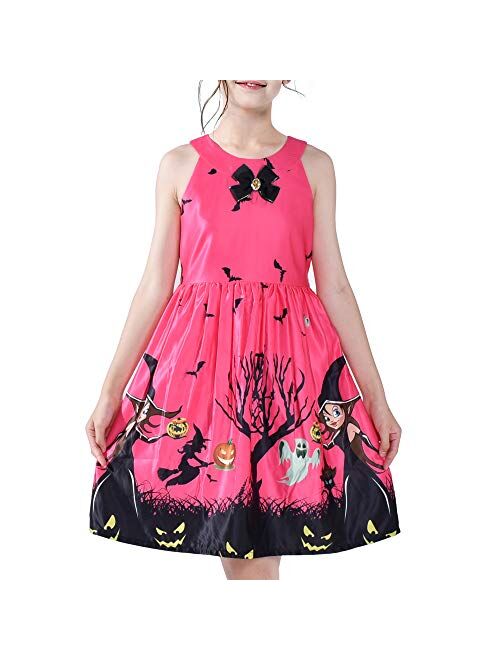Sunny Fashion Girls Dress Halloween Party Witch Bat Pumpkin Halter Dress