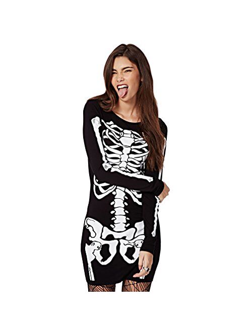 RieKet Women's Halloween Costume Skeleton Dress Long Sleeves Stretchy Short Mini Dress