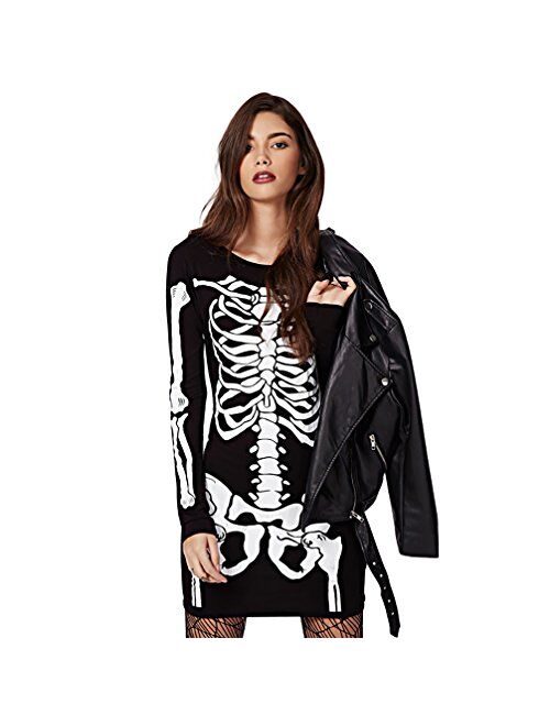 RieKet Women's Halloween Costume Skeleton Dress Long Sleeves Stretchy Short Mini Dress