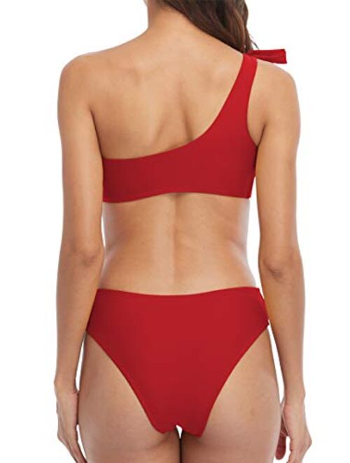 Charmo One Shoulder Bikini Swimsuits Women Adjustable Bow Shoulder tie Bikini Swimwear